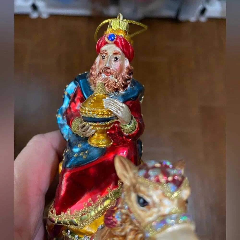 Christmas Tree Glass Ornaments Wise Man on Camel and Country Church Lot of 2